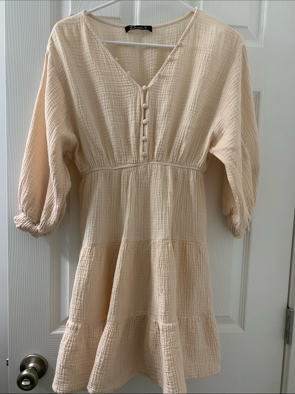 Simple Cream Textured Mini Dress with Button Front